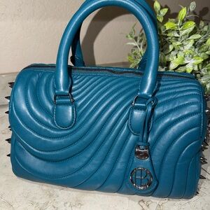 Henri Bendel Teal Quilted Satchel with Silver-Tone Hardware
